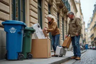 Couple triant des encombrants devant un immeuble haussmannien dans le 15e arrondissement de Paris