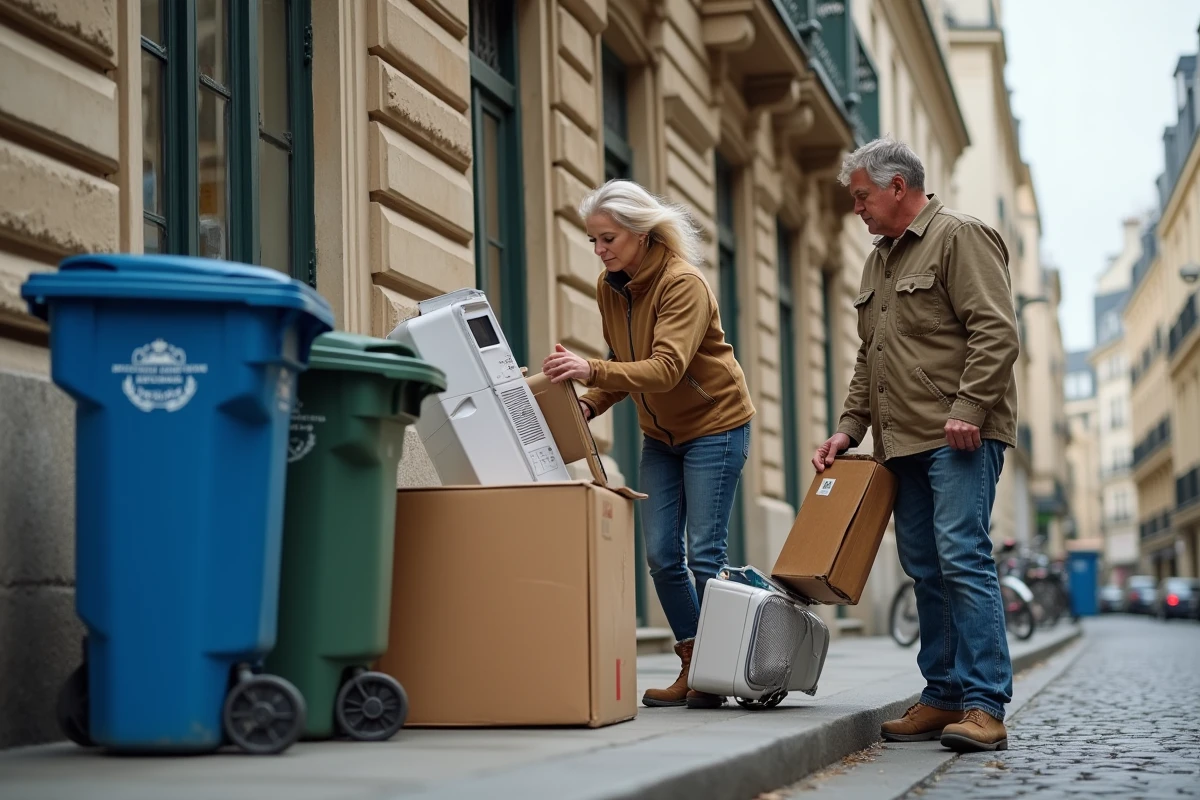 Couple triant des encombrants devant un immeuble haussmannien dans le 15e arrondissement de Paris