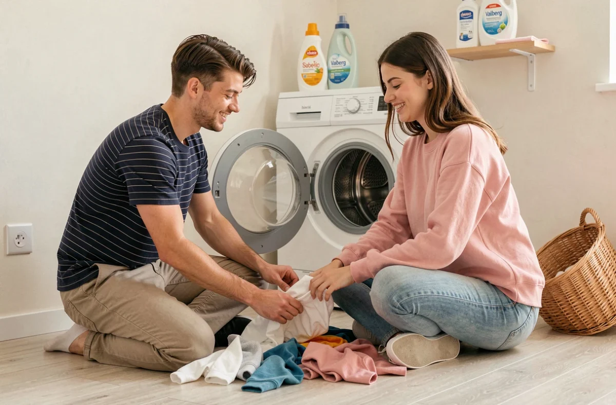 Couple triant le linge devant une machine à laver Valberg ouverte dans un appartement