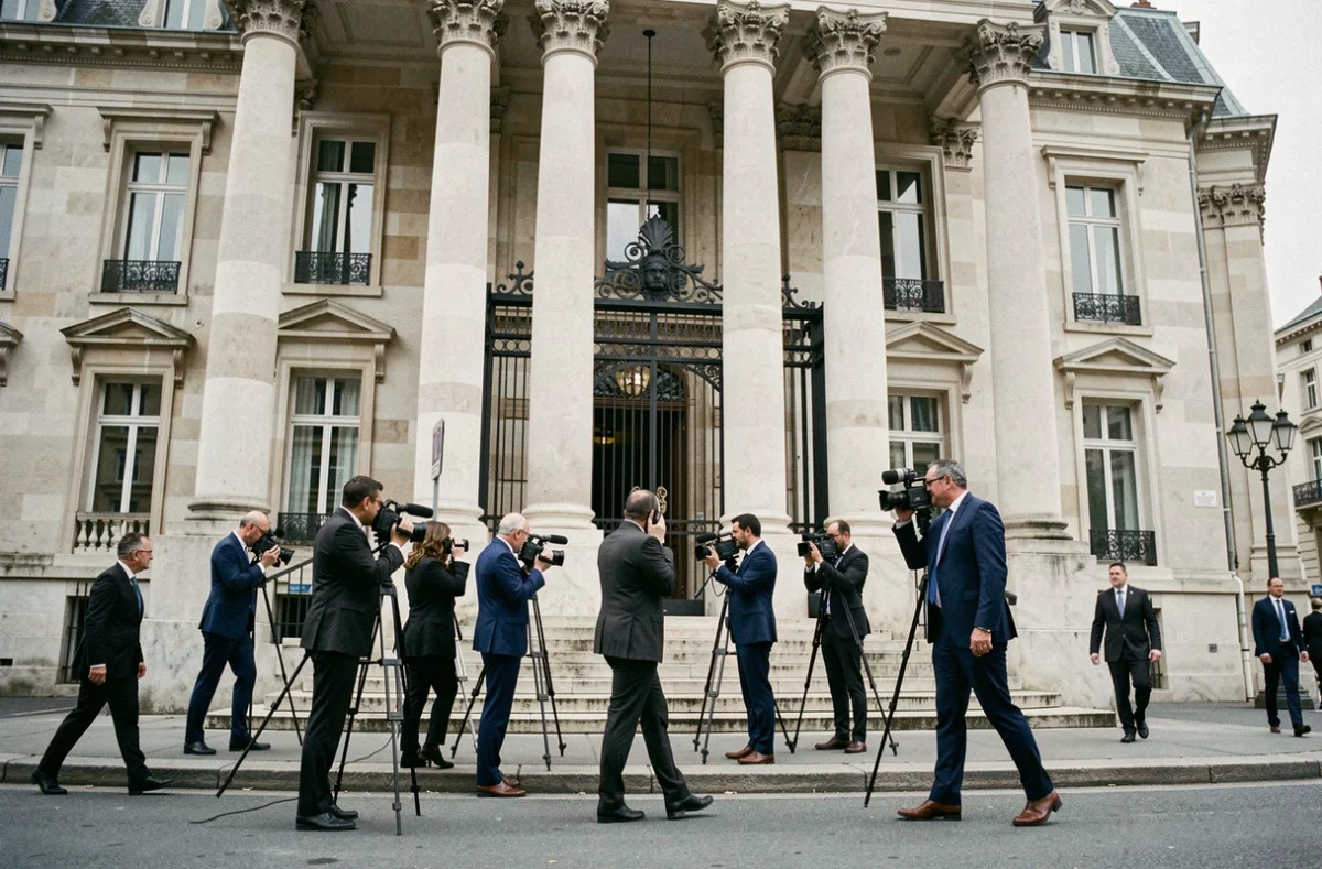 Journalistes et passants devant un tribunal français lors d'une affaire judiciaire impliquant un élu