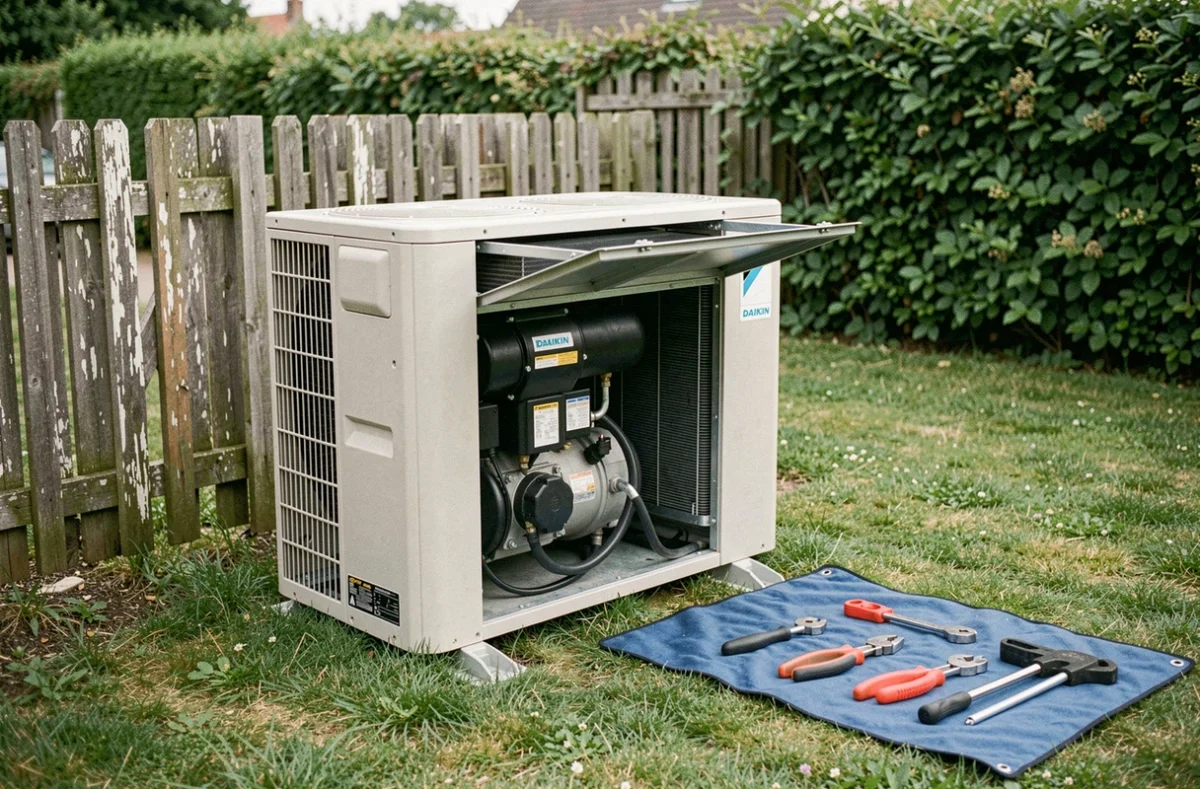 Unité extérieure de pompe à chaleur Daikin ouverte révélant le compresseur interne dans un jardin résidentiel