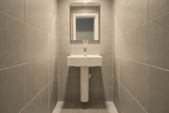 Vasque salle de bain compacte murale installée dans une salle de bain étroite avec carrelage gris et miroir