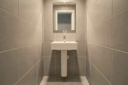 Vasque salle de bain compacte murale installée dans une salle de bain étroite avec carrelage gris et miroir