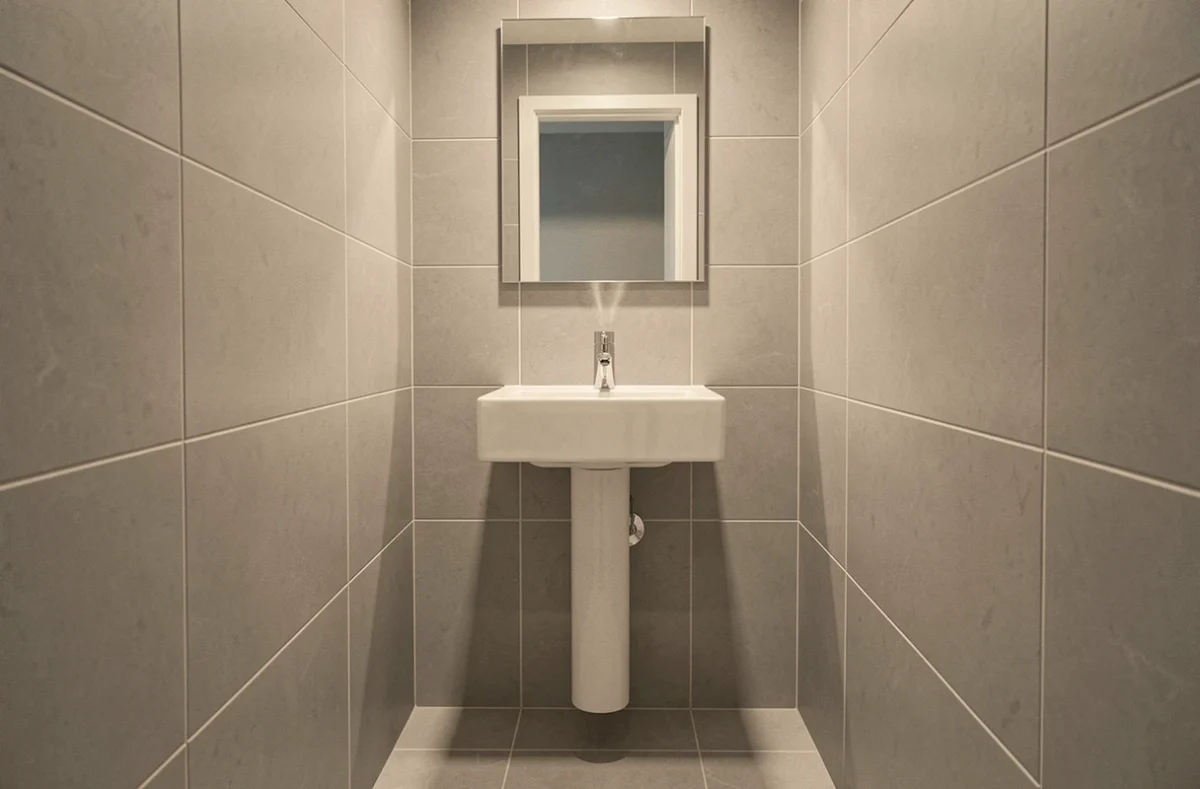 Vasque salle de bain compacte murale installée dans une salle de bain étroite avec carrelage gris et miroir