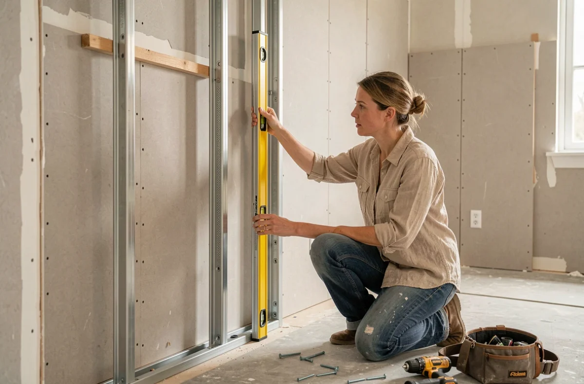 Spécialiste en rénovation vérifiant l'alignement vertical d'un doublage placo avec un niveau à bulle