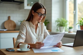 Femme consultant un site d'urbanisme pour vérifier le permis d'habitation d'un terrain avant achat