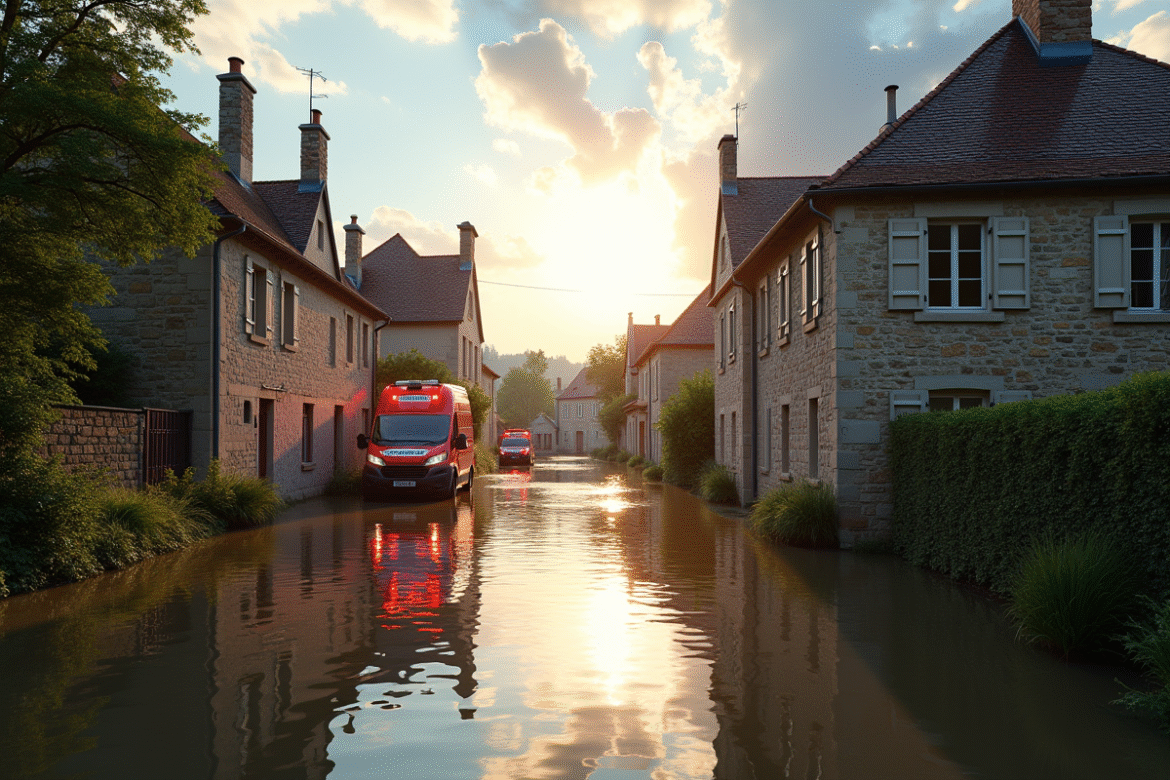 Rue inondée dans un village français avec maisons et véhicules d'urgence