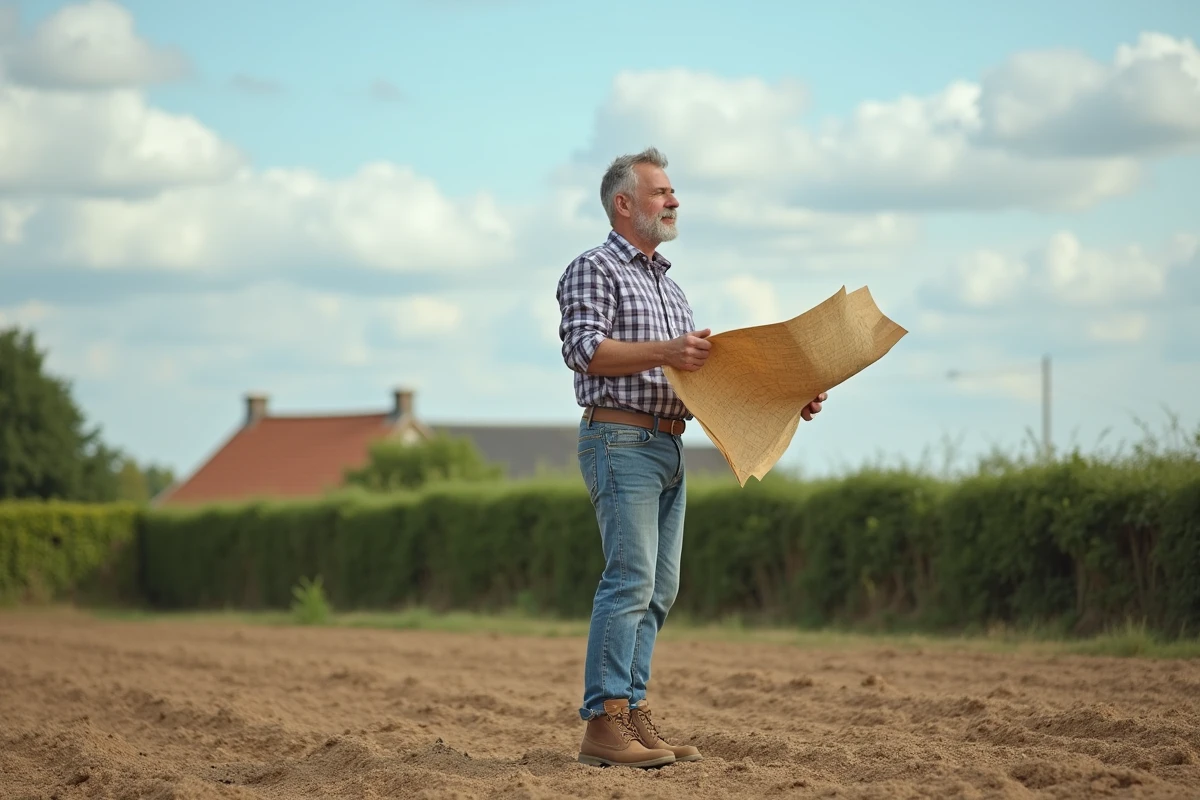 Homme tenant un plan cadastral sur un terrain constructible en zone rurale française lors d'une visite avant achat