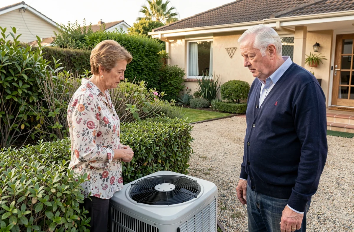 Deux voisins discutant de la distance réglementaire d'une pompe à chaleur installée près de la haie mitoyenne