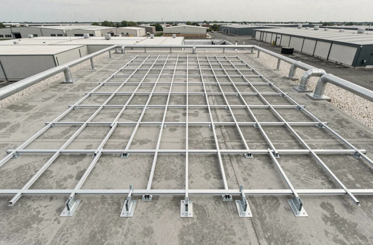 Vue aérienne d'un système de rails pour panneaux solaires installé sur un toit plat commercial en béton avec ballast gravier