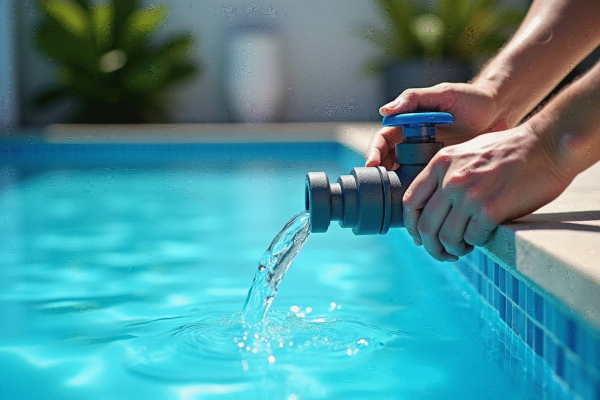 Vue rapprochée d'une piscine bleue étincelante avec une personne manipulant une vanne de filtre